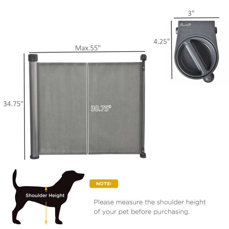 PawHut Retractable Pet Gate, Adjustable Safety Mesh Dog Gate, Extends to 55" for Narrow or Wide Doorways, Hallways, Stairs, Grey
