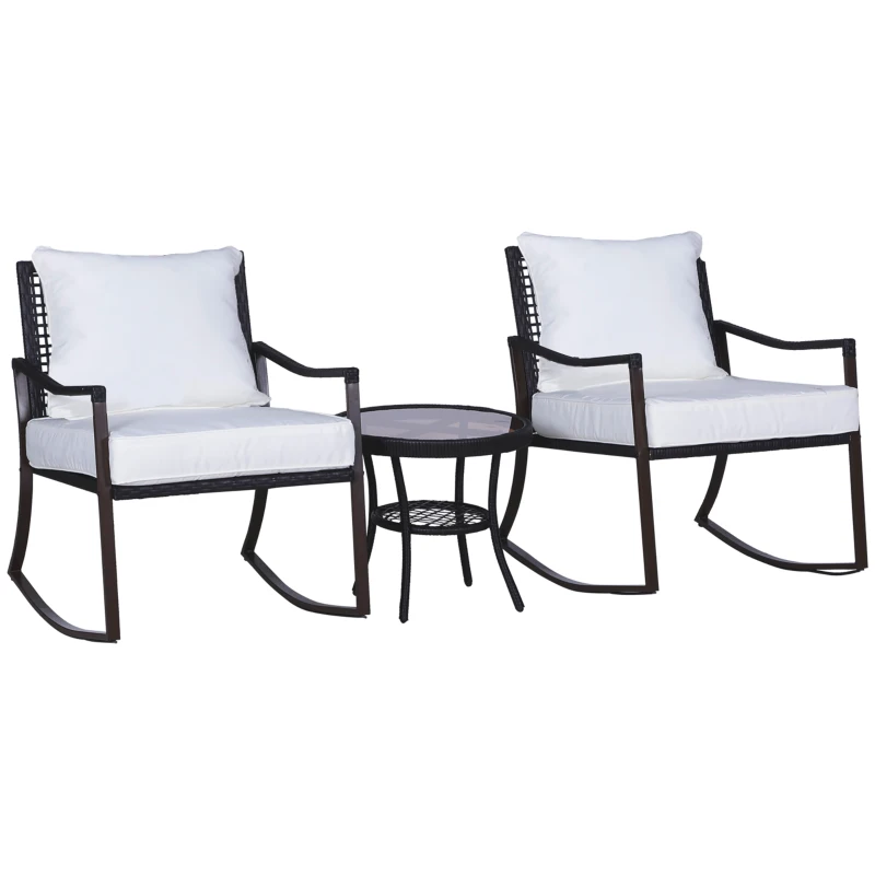 Outsunny 3 Piece Patio Rocking Bistro Set, Outdoor PE Rattan Wicker Rocking Chairs with Cushioned, Pillows, Two-Tier Glass Storage Shelf Coffee Table, Cream White