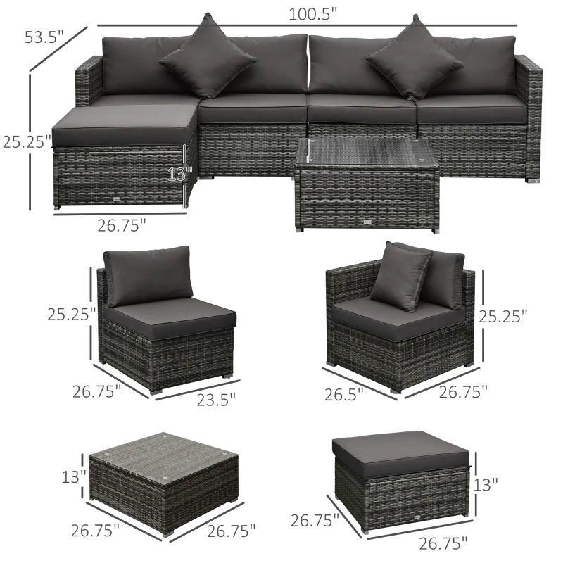 Outsunny 6 Piece Patio Furniture Set Outdoor Wicker Conversation Set All Weather PE Rattan Sectional Sofa Set with Ottoman, Cushions and Tempered Glass Table, Mixed Gray and Charcoal