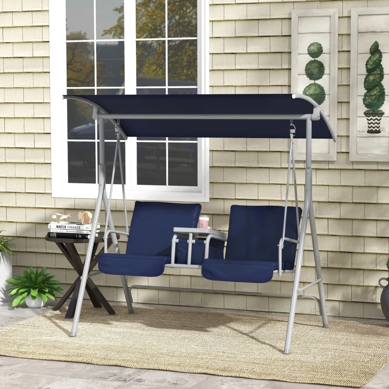 Outsunny 2-Seater Outdoor Porch Swing with Canopy and Table, Patio Swing Chair for Garden, Poolside, Backyard, Dark Blue
