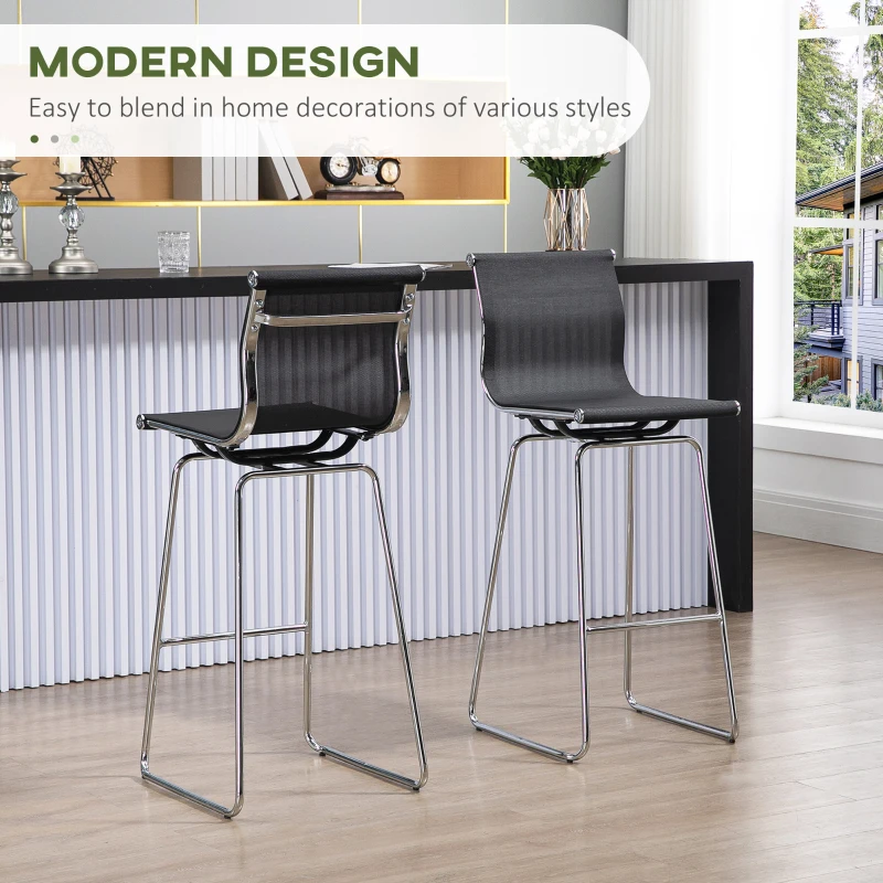 HOMCOM DUO Bar Stool Pub Chair Set Dining Stools w/ Backrest Steel Legs Breathable Mesh Seat for Kitchen Island Counter Modern Elegant, Black