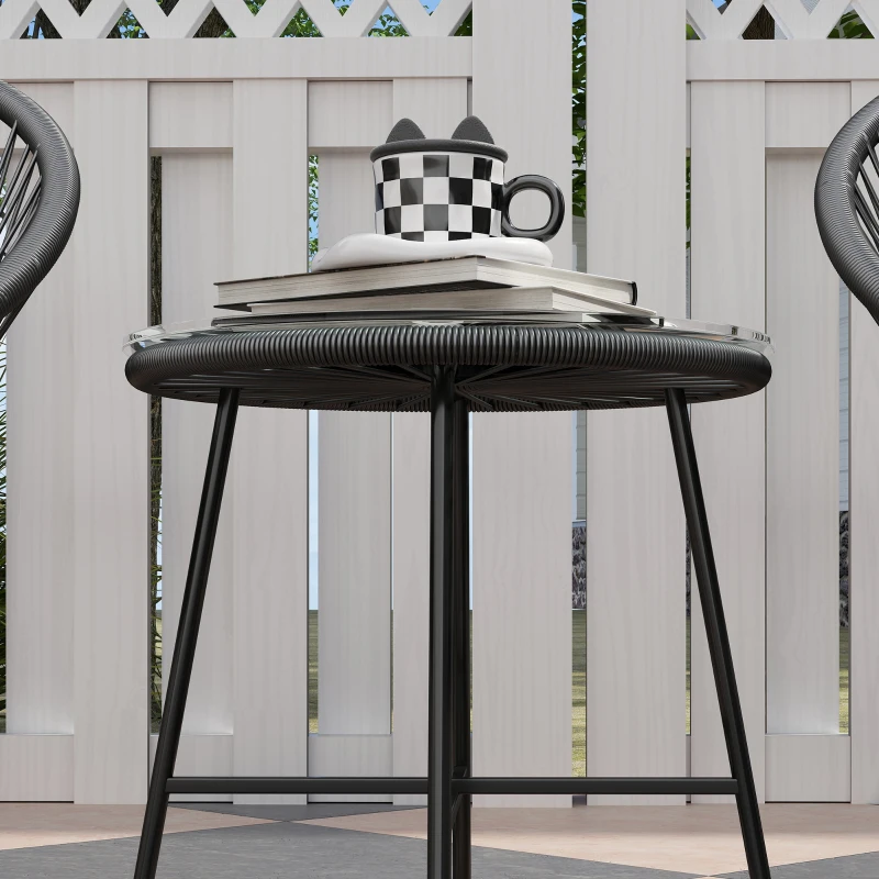 Outsunny 3 Piece Wicker Patio Furniture Set with Soft Seat Cushions, Tempered Glass Tabletop, Bistro Set for Garden, Black