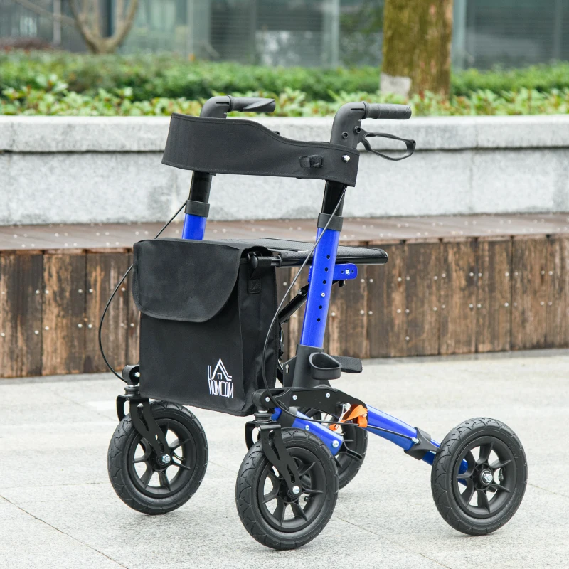 HOMCOM Rollator for Seniors with Seat, Rubber Wheels, Aluminum Folding Rolling Walker with Adjustable Handle, Bag, Blue