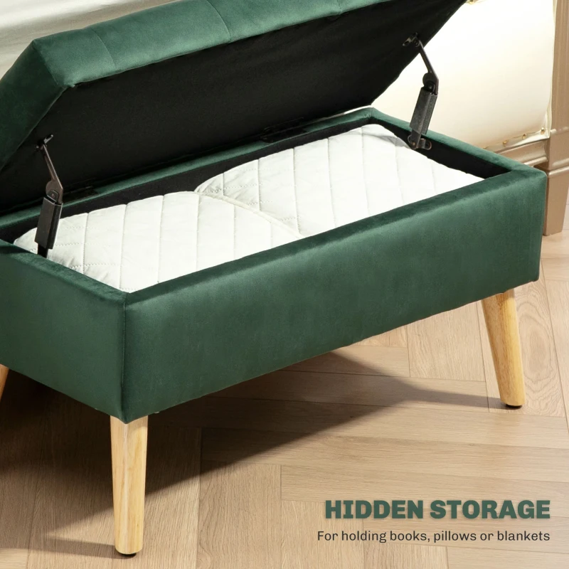 HOMCOM Storage Ottoman with Lid, Velvet Upholstered Storage Bench with Wood Legs for Living Room, Dark Green