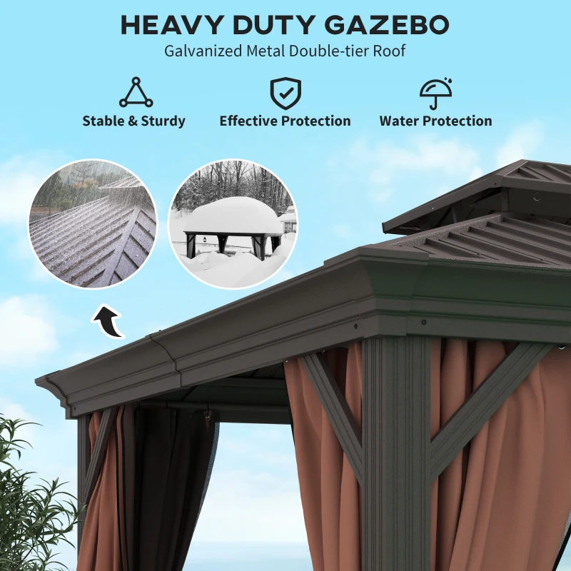 Outsunny 10' x 12' Outdoor Hardtop Gazebo with Galvanized Canopy & Netting Sidewalls for Lawn, Backyard, Dark Brown