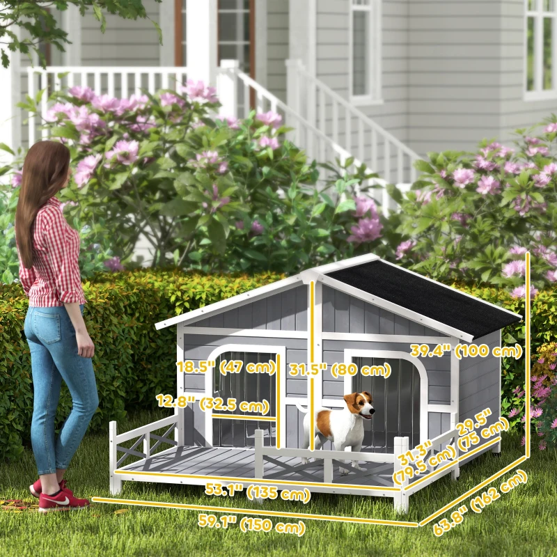 PawHut 59"x64"x39" Wood Dog House Outdoor Cabin-Style Elevated Pet Shelter with Porch Deck, Grey