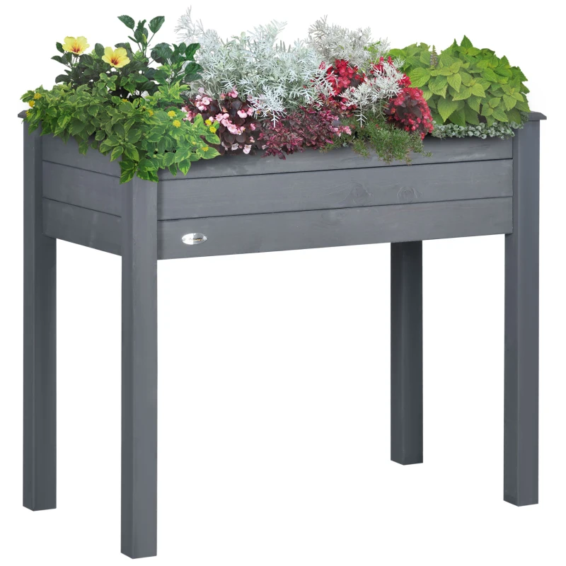 Outsunny 34"x18"x30" Wooden Raised Garden Bed, Elevated Planter Box with Legs, Drainage Holes, Inner Bag for Garden, Dark Grey