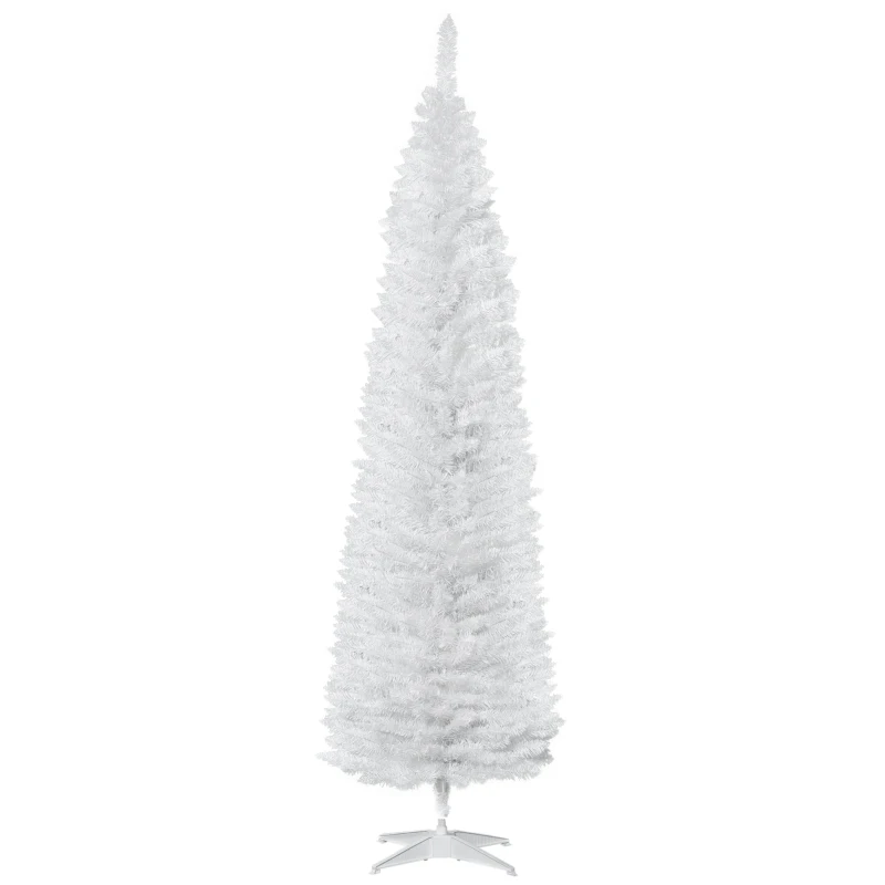HOMCOM 7' Pencil Christmas Tree, Slim Artificial Xmas Tree with Realistic Branches, Sturdy Metal Stand, White