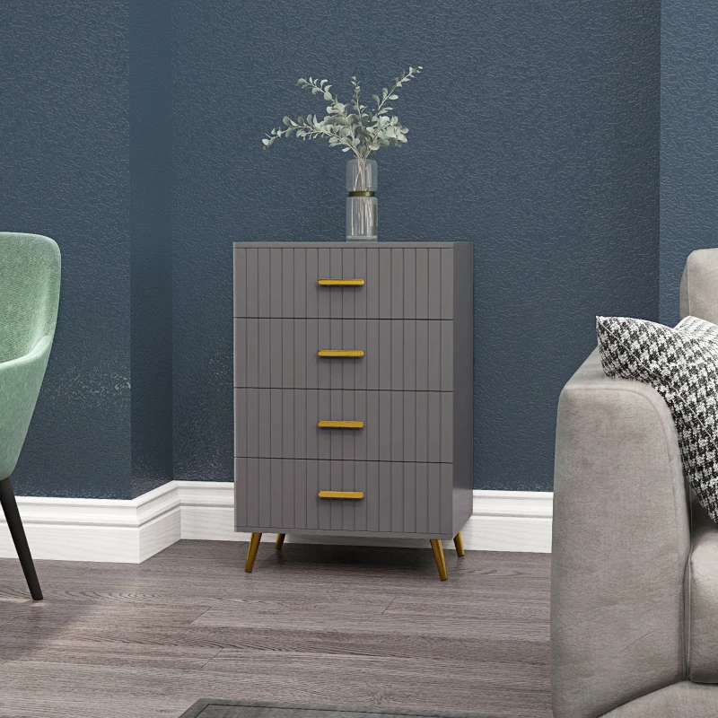 HOMCOM 4 Drawer Cabinet, Drawer Chest for Bedroom, Chest of Drawers with Aluminium Legs and Gold Handles, Dark Grey