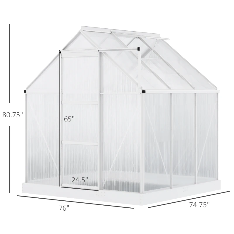 Outsunny 6' x 6' Hobby Greenhouse, Walk-in Polycarbonate Hot House Kit with Aluminum Frame, Sliding Door, Roof Vent, Silver