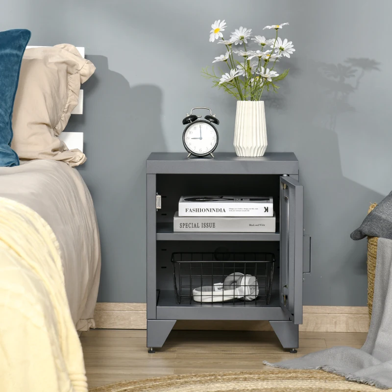 HOMCOM Industrial End Table, Living Room Side Table with Locker-Style Door and Adjustable Shelf, Grey