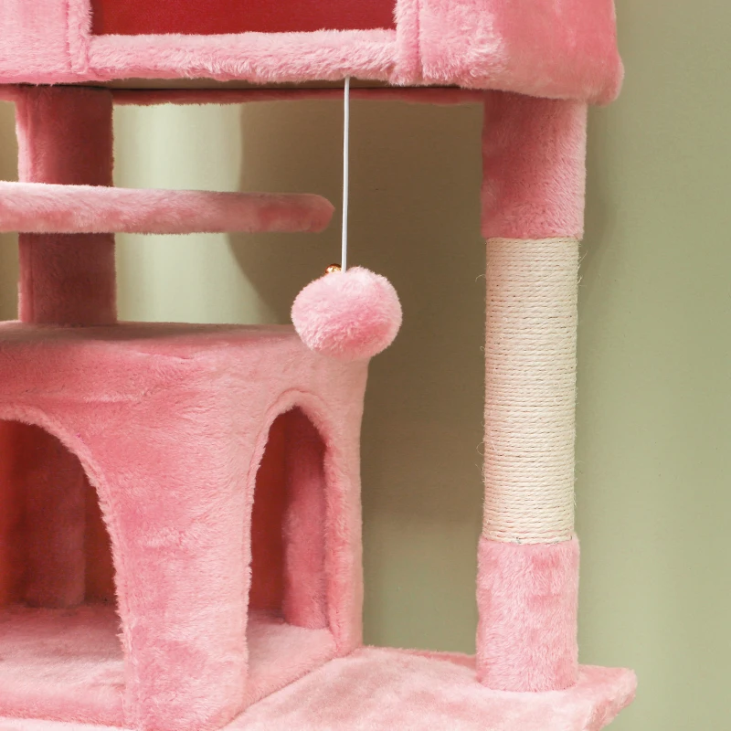 PawHut 54" Cat Tree, Multi-Level Cat Tower with Scratching Posts, Cat Condos, Bed, Platforms, Ramp, Toy Ball, Pink