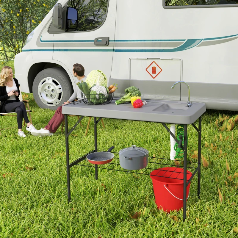 Outsunny Folding Fish Cleaning Table with Sink, Portable Camping Table with Faucet, Drainage Hose, Sprayer and Shelf, Gray
