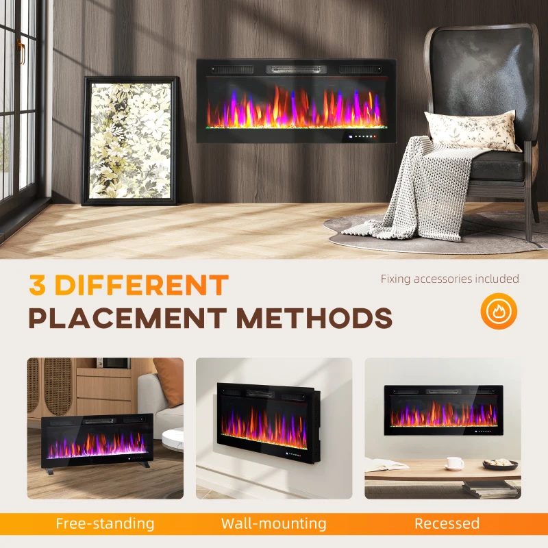 HOMCOM 42" Electric Fireplace Recessed and Wall Mounted, Freestanding, 1500W Ultra-thin with Adjustable Flame, Crystal, Black