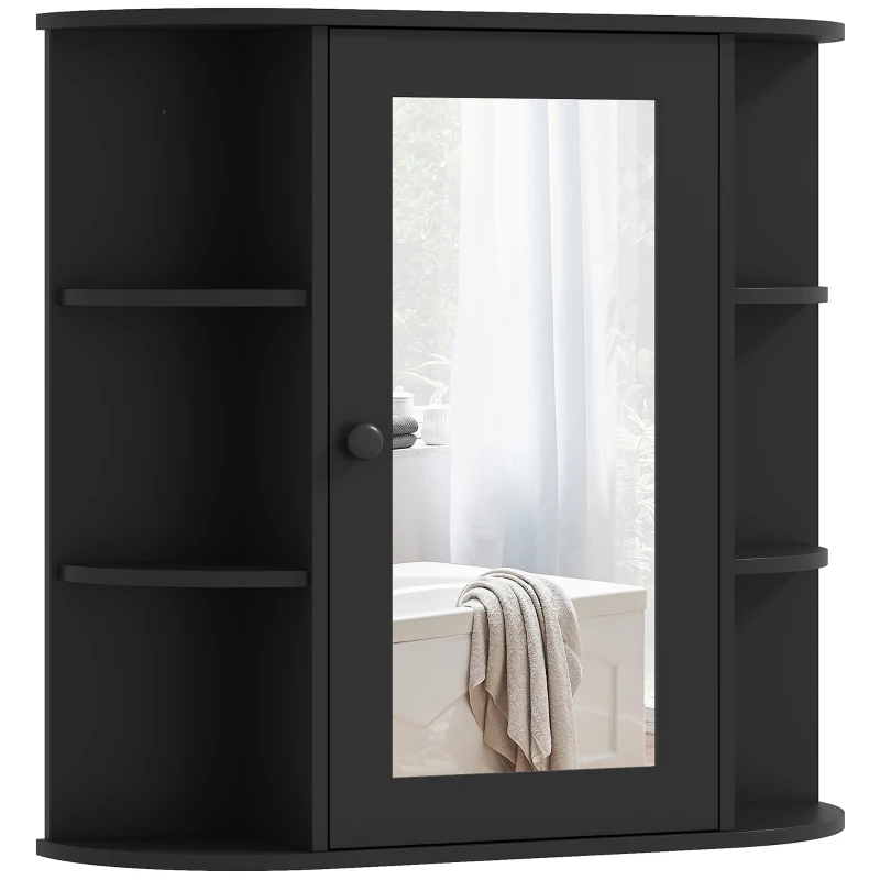 HOMCOM Mirrored Bathroom Wall Cabinet Wall Mounted Medicine Cabinet with Door & Shelves, Black