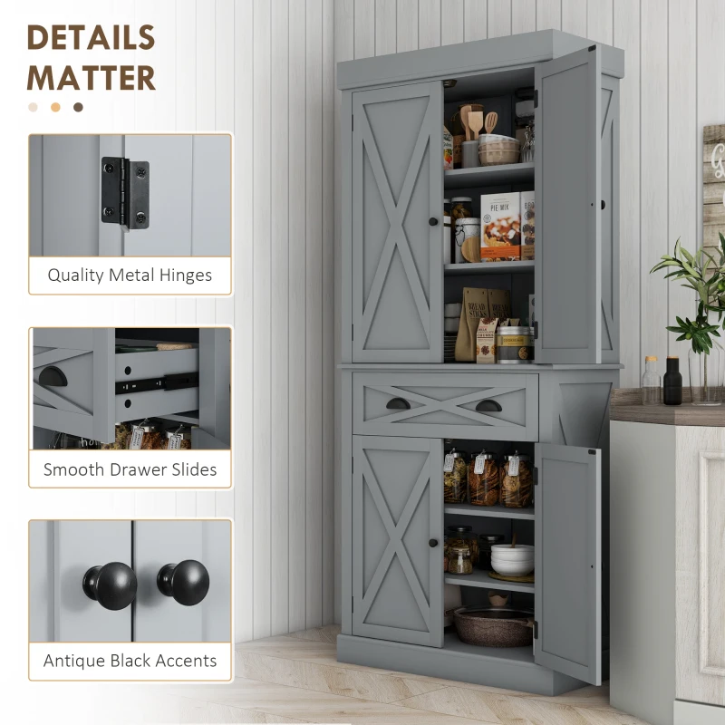 HOMCOM 72" Kitchen Cabinet, Pantry Storage Cabinet with 4 Doors and 2 Adjustable Shelves, Large Central Drawer, Gray