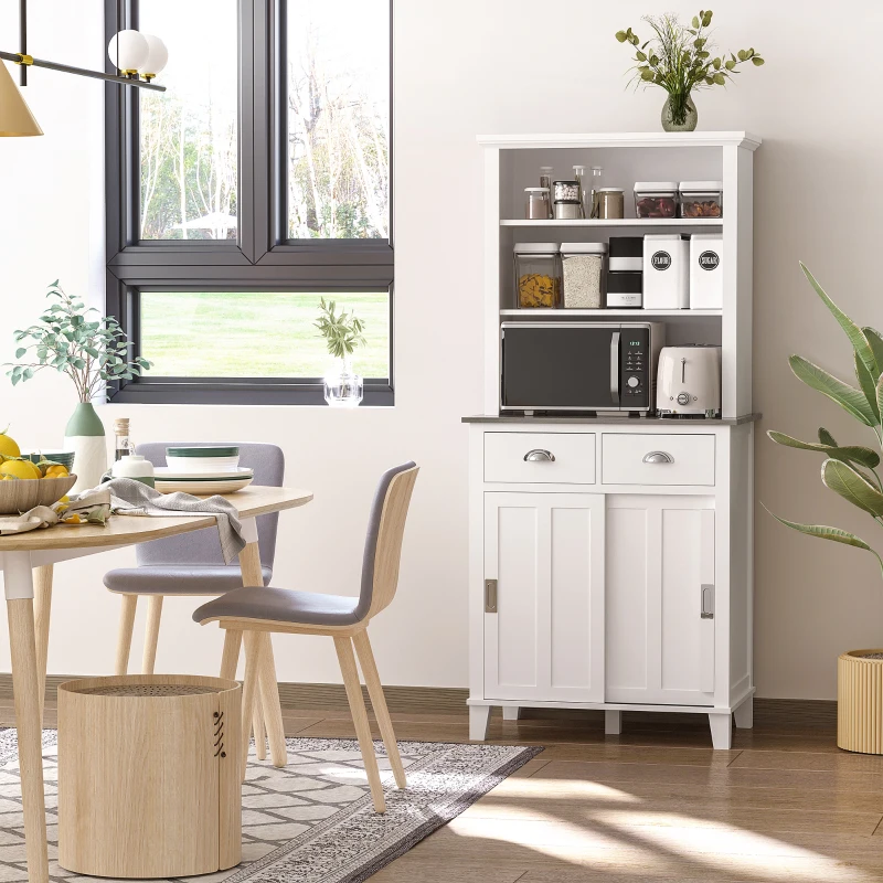 HOMCOM 67" Freestanding Buffet with Hutch, Kitchen Pantry Storage Cabinet with Sliding Doors, Drawers and Open Shelves, Adjustable Shelving, White