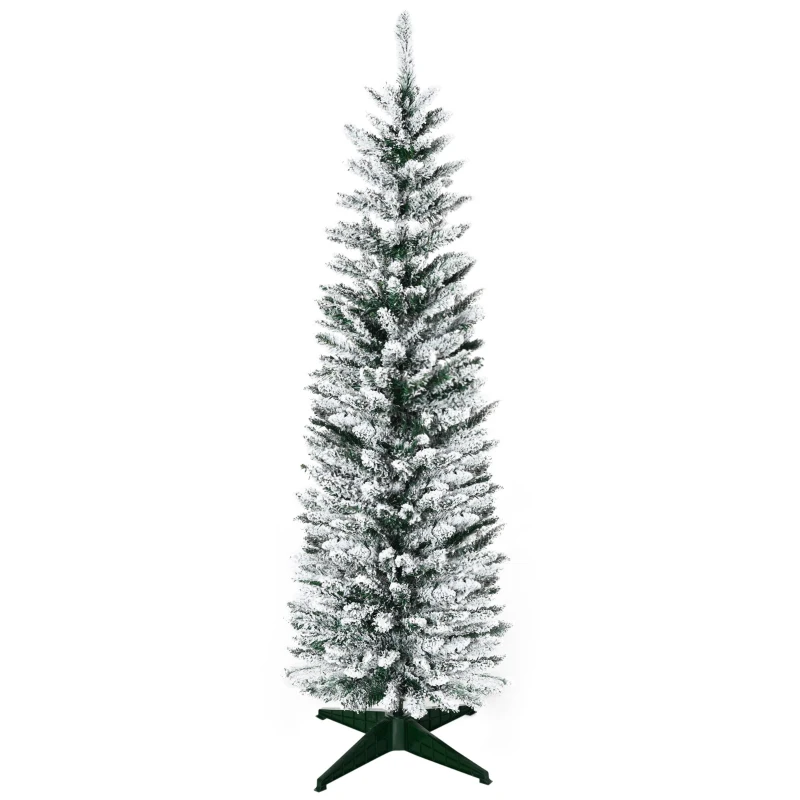 HOMCOM 5' Snow Flocked Artificial Pencil Christmas Tree, Slim Xmas Tree with Realistic Branches and Plastic Base Stand for Indoor Decoration, Green
