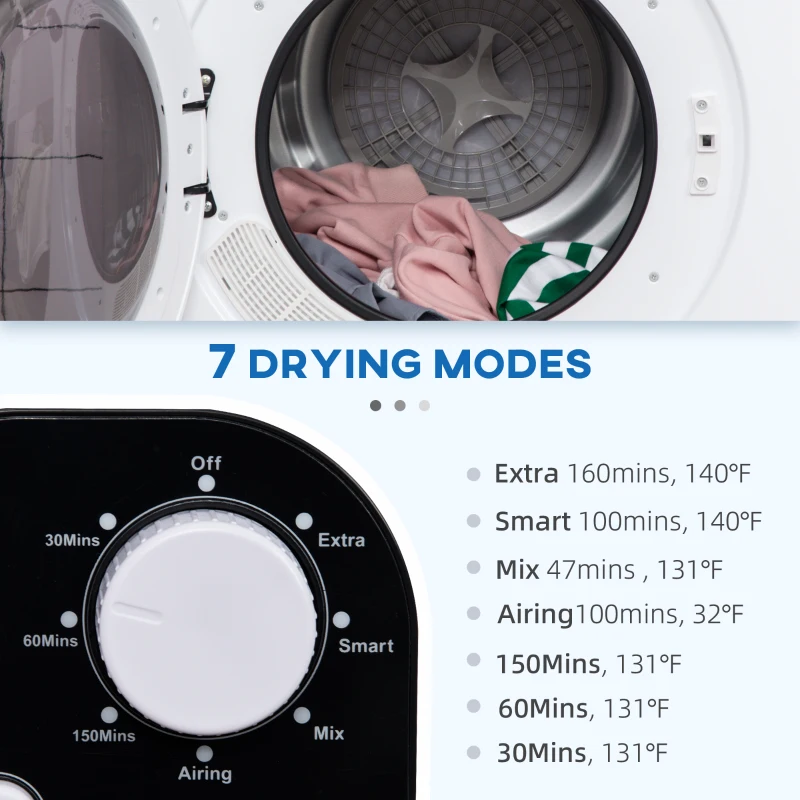 HOMCOM Compact Laundry Dryer Machine, 1300W, 3.22 Cu. Ft. Electric Portable Clothes Dryer with 7 Drying Modes for Apartment or Dorm, White