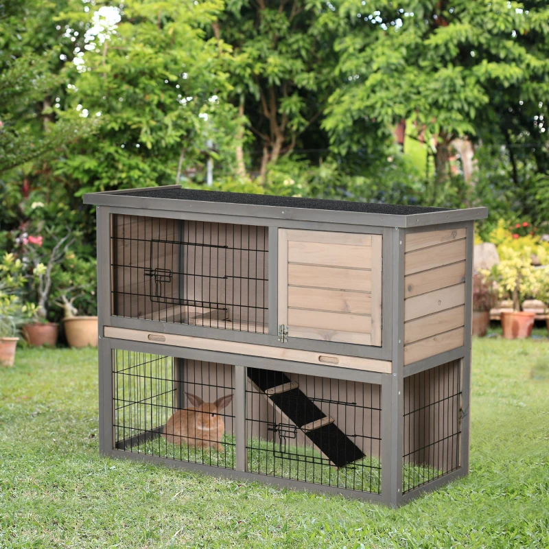 PawHut 2-tier Wood Rabbit Hutch Backyard Bunny Cage Habitat Small Animal House w/ Ramp, Slide Out Tray and Outdoor Run, Light Grey