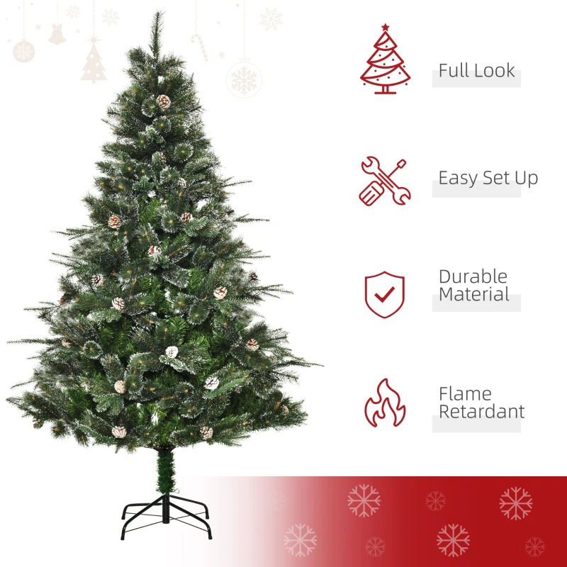 HOMCOM HOMCM 6FT Artificial Christmas Snow Pine Tree Holiday Home Xmas Decoration with Automatic Open, Pinecone, Green