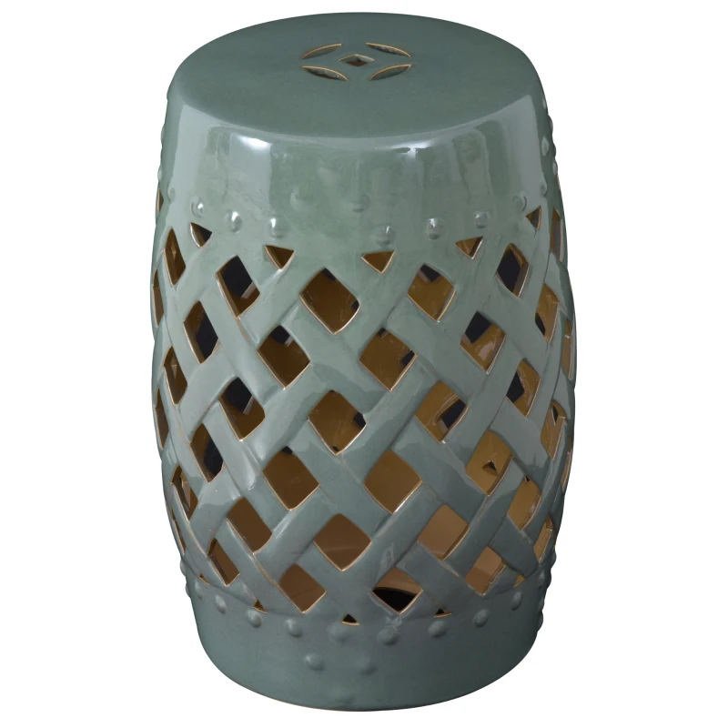 Outsunny 13" x 18" Ceramic Garden Stool with Woven Lattice Design & Glazed Strong Materials Decorative Outdoor Stool, Green