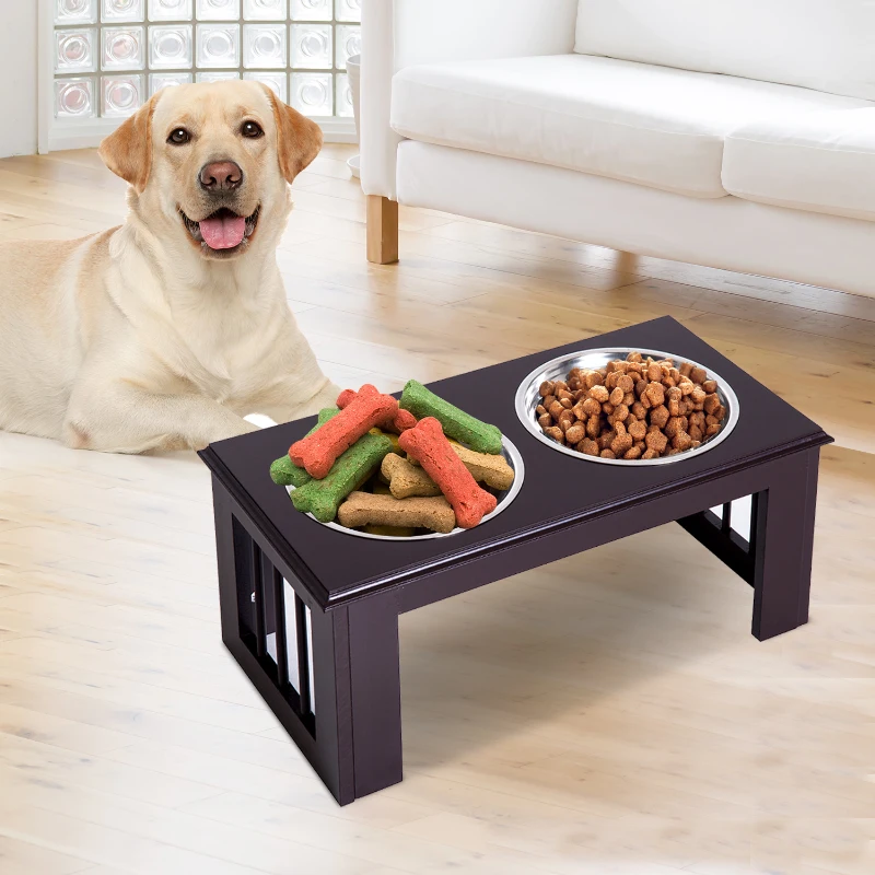 PawHut 10" Height Dog Feeding Station for Messy Pets, Stainless Steel Elevated Dog Bowls with Modern Wooden Frame, Dog Food Stand Pet Feeding Station, Dark Brown