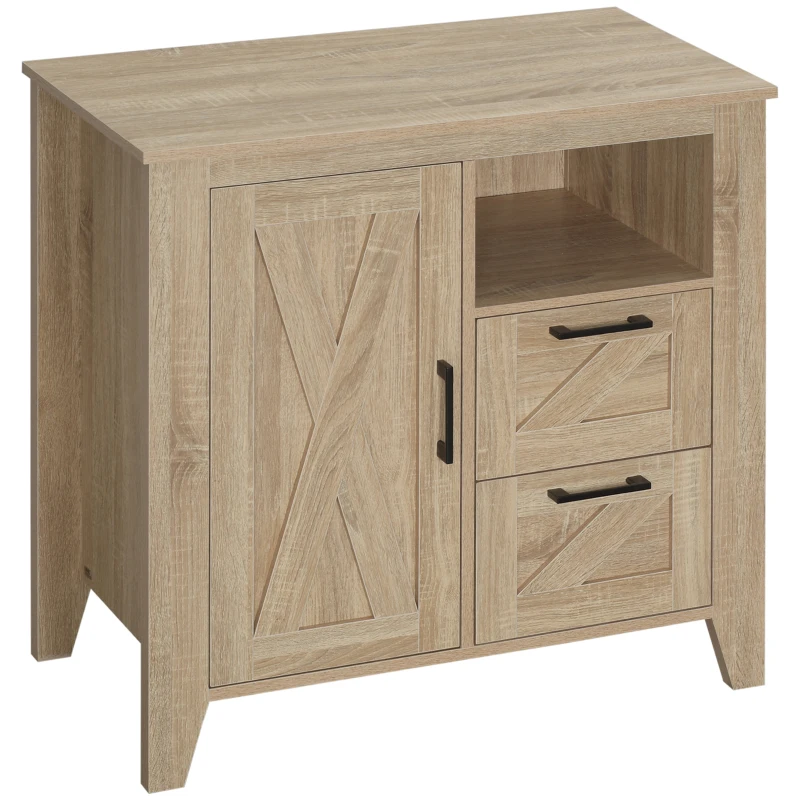 HOMCOM Farmhouse Storage Cabinet, Kitchen Cupboard Buffet Cabinet with Drawers, Door and Adjustable Shelf, Natural