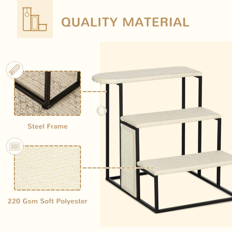 PawHut 20.75" Cat Toy Pet Stairs for High Beds, Cat Stairs for Older Cats and Heavy-Weight Kitties, Pet Steps with Sisal Scratching Post, Cream White