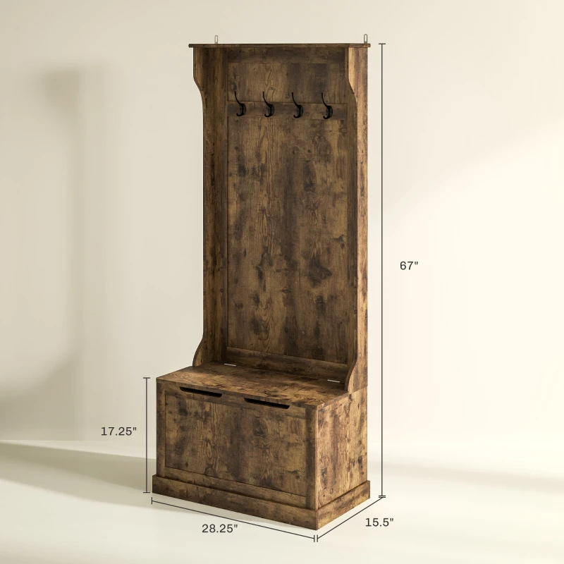 HOMCOM Hall Tree with Coat Rack, Storage, and Sitting Bench, Rustic Brown
