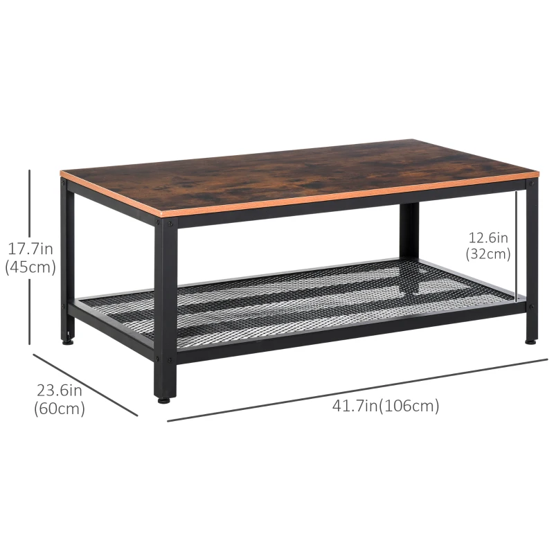 HOMCOM Industrial Coffee Table with Storage Shelf, Center Table with Metal Frame for Living Room, Rustic Brown
