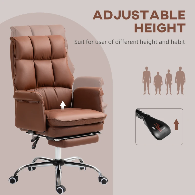 HOMCOM PU Leather Executive Office Chair, Ergonomic and Reclining Office Desk Chair with Footrest, Brown