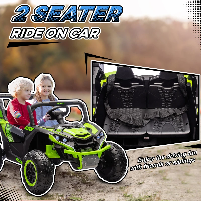 Qaba 24V 7AH Ride on Car, 2 Seater 4 MPH Ride on UTV with 4 Shock Absorbers, Music Horn LED Lights, for 3-8 Years, Green