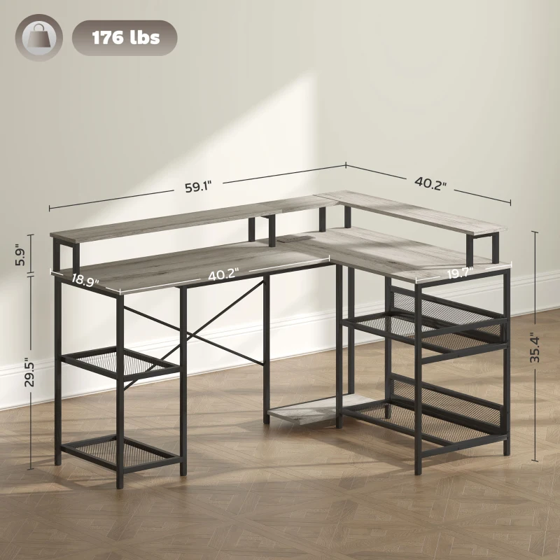 HOMCOM 59" L Shaped Desk with Storage, Corner Desk with LED Lights and Power Outlets for Home Office, Small Space, Gray