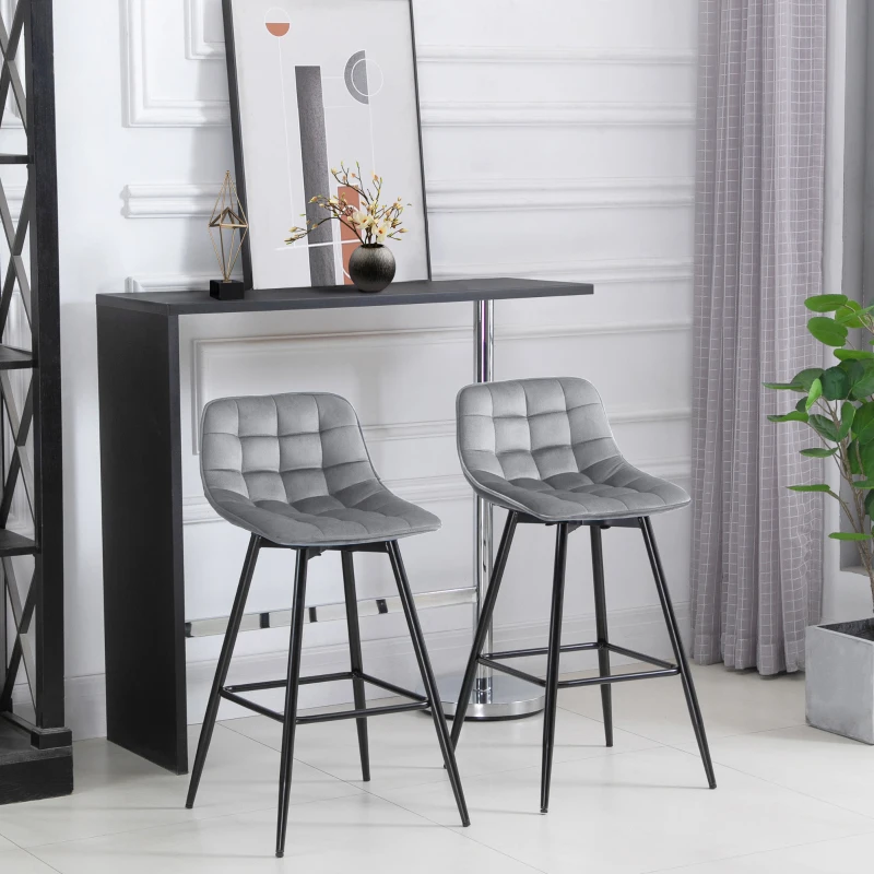 HOMCOM Bar Stools Set of 2, Fabric Upholstered Counter Height Bar Chairs, Kitchen Chairs with Back and Metal Legs, Grey