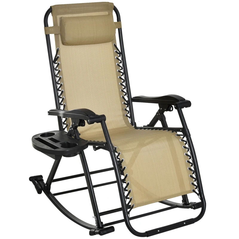 Outsunny 2 in 1 Adjustable Zero Gravity Reclining Lounge Chair Garden Recliner and Rocker Foldable Sun Lounger Napping Seat w/ Headrest & Tray Beige