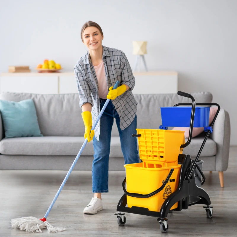 HOMCOM 2 x 6.9 Gallon Mop Water Bucket Wringer Cart with Easy to Use Side Press Wringer, Smooth Wheels, Mop-Handle Holder