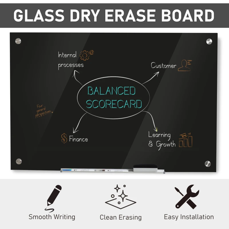 Vinsetto 35.5" x 23.5" Glass Magnetic Dry Erase Blackboard, Frameless Board on Wall, with Dry Eraser, 4 Markers, and Pen Holder, Black