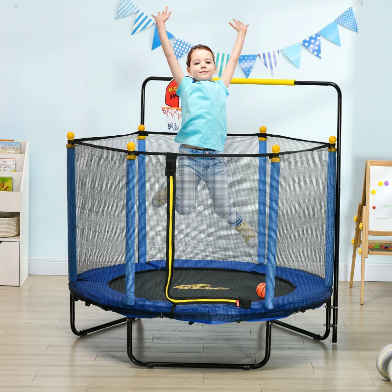 Qaba Kids Trampoline with Net, Basketball Hoop, Horizontal Bar Indoor, Blue