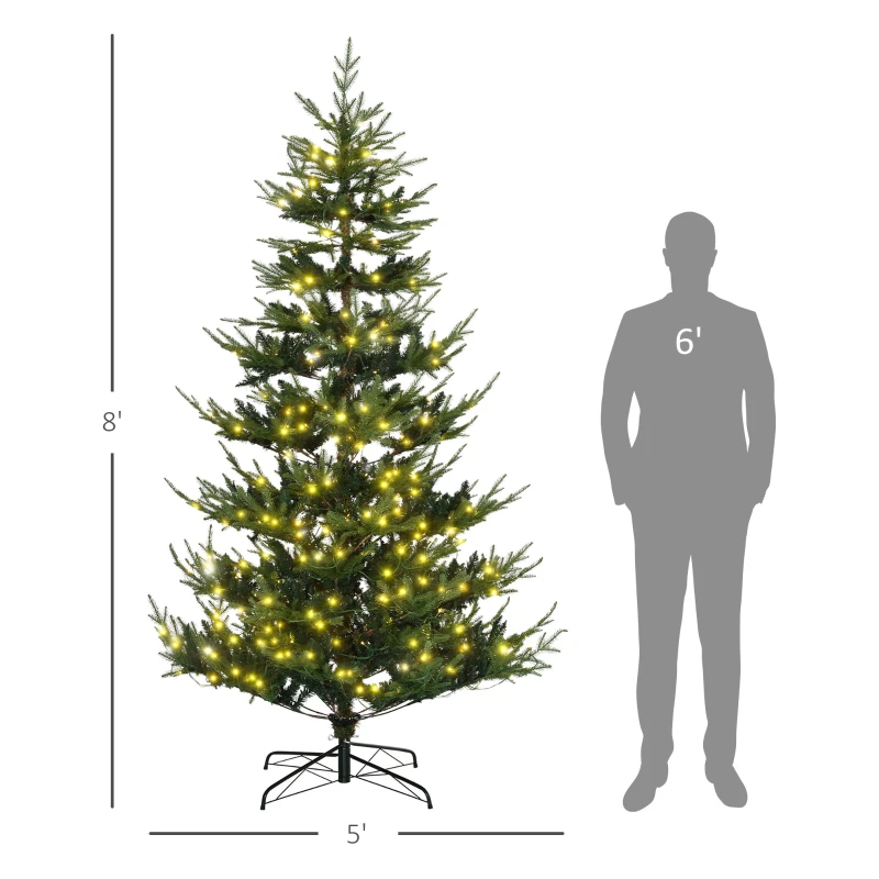 HOMCOM 8 Foot Prelit Artificial Christmas Tree with 1026 Realistic Branches, Warm White LED lights, Auto Open, Green