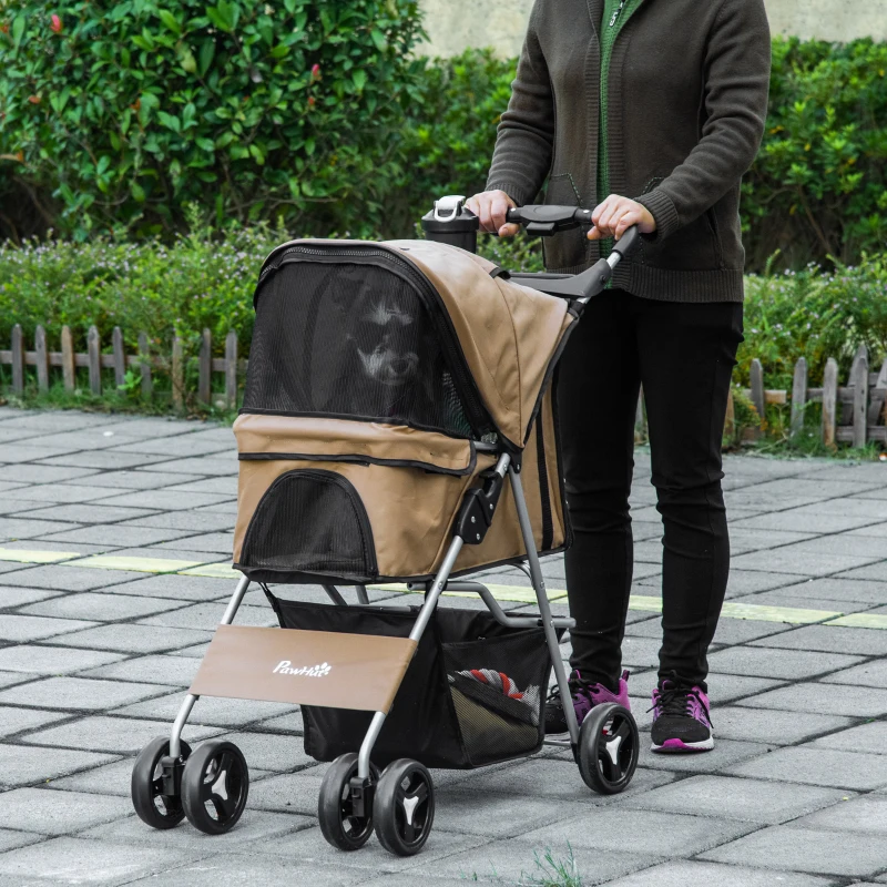 PawHut Pet Stroller Foldable Carrier for Cat, Dog and More 4 Wheels Travel Jogger with Cup Holder, Storage Basket, 360 ° swiveling front wheels, Easy Fold, Coffee