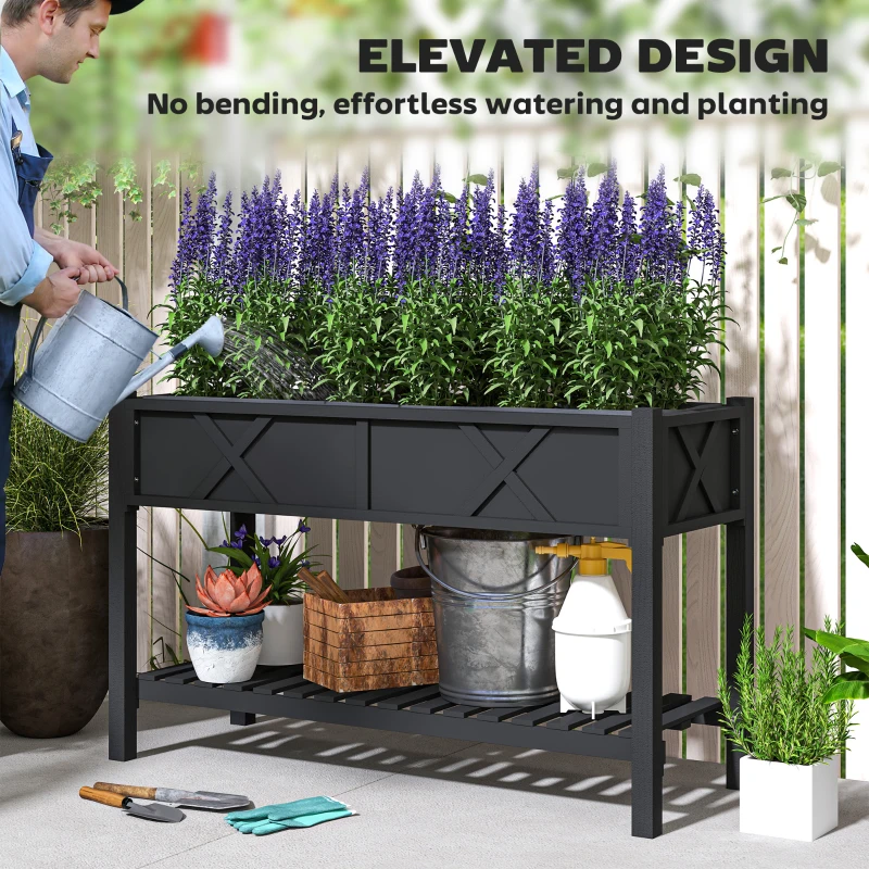 Outsunny Raised Garden Bed, 47 x 22 x 31.5 in. Elevated Wood Planter Box with Storage Shelf, Drainage Holes, and Liner, Black