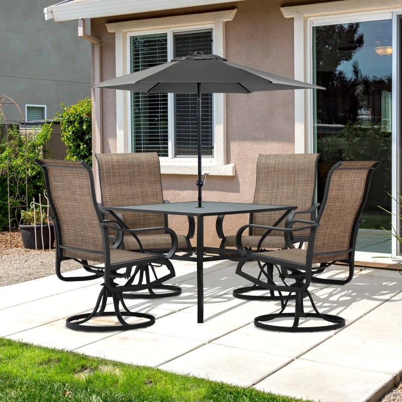 Outsunny 5-Piece Outdoor Patio Dining Set, 4 Swivel Rocker Chairs and 37" x 37" Dining Table Furniture Set with Umbrella Hole for Garden, Lawn and Backyard, Black (Umbrella not included)