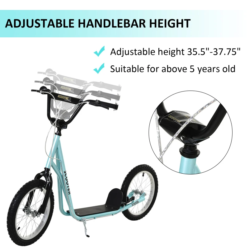 Aosom Youth Scooter Kick Scooter for Kids 5+, Max Load 220 LBS., with Adjustable Handlebar, 16" Inflatable Wheels, Dual Brakes, Blue