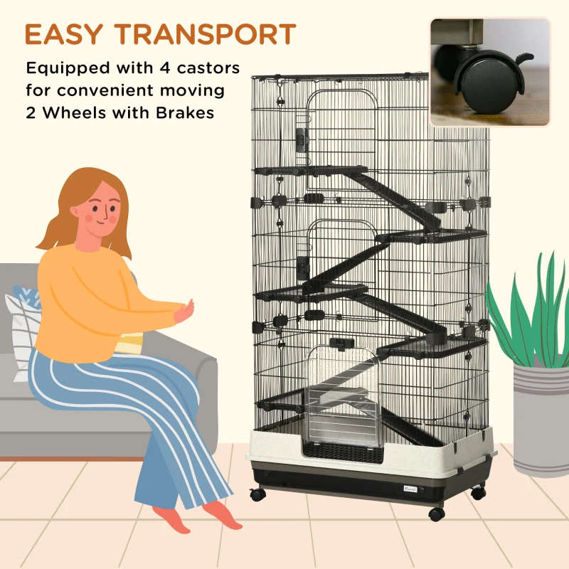 PawHut 6-tier Platform Rolling Small Animal Cage Rabbit Hutch Pet Play House with Platform, Ramp,Removable Tray. 4 universal wheels (Black) for Bunny Pet Mink Chinchilla