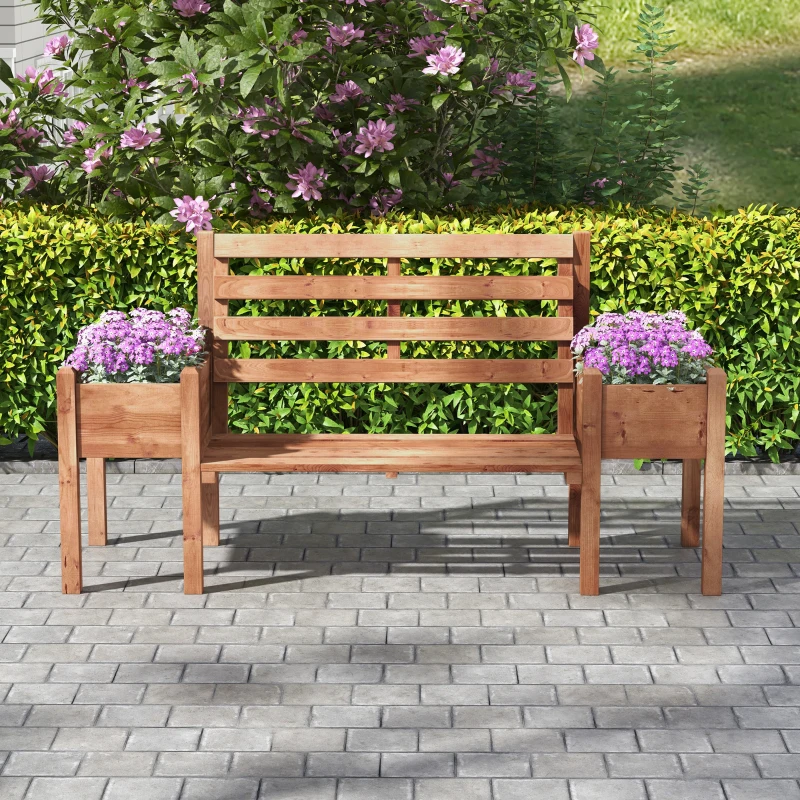 Outsunny Wood Outdoor Bench with Planter Boxes 2-Seater Garden Bench with Slat Seat and Back Dark Brown