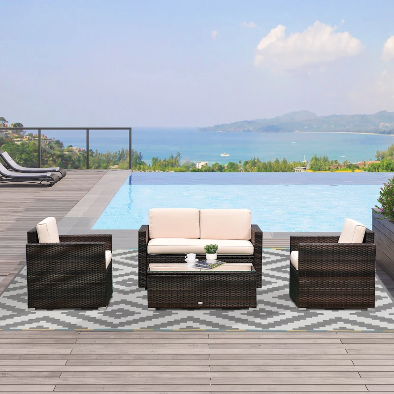 Outsunny 4 Piece Wicker Patio Furniture Set with Cushions, Outdoor Sectional Furniture with 2 Sofa, Loveseat, and Glass Top Coffee Table, Conversation Sofa Sets for Garden, Beige