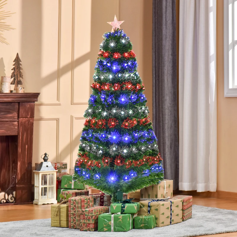 HOMCOM 5FT Pre-lit LED Optical Fiber Christmas Tree Artificial Holiday Décor with Stand Green