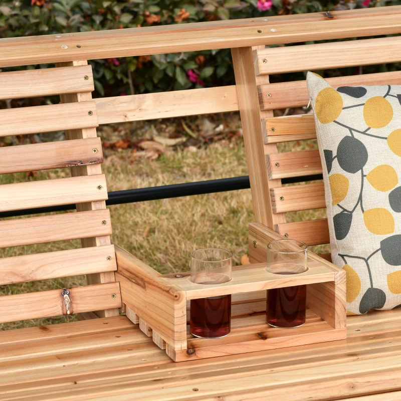 Outsunny 3 Seater Patio Swing Chair Wood Porch Swing with Foldable Table, Cup Holders, Steel Chains for Garden, Yard, Natural