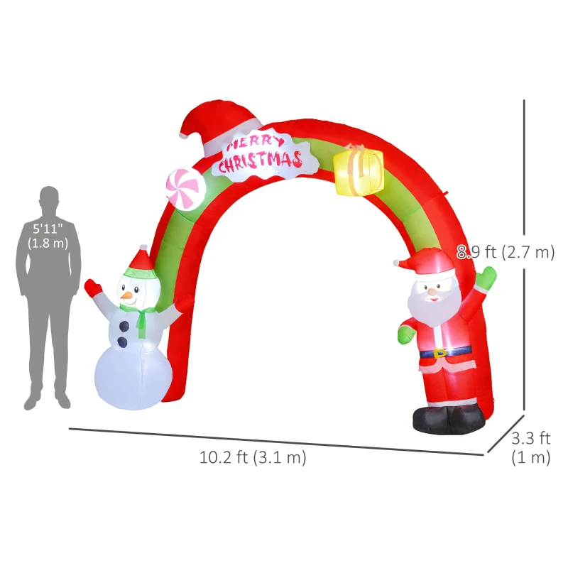 Outsunny 10FT Christmas Inflatable Archway, Outdoor Xmas Blow Up Santa Claus and Snowman Arch with Built-in LED Lights for Yard